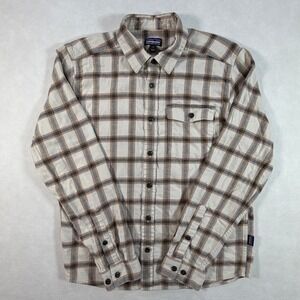 Patagonia Mens Small Organic Cotton Flannel Plaid Button Down Shirt Tan Brown